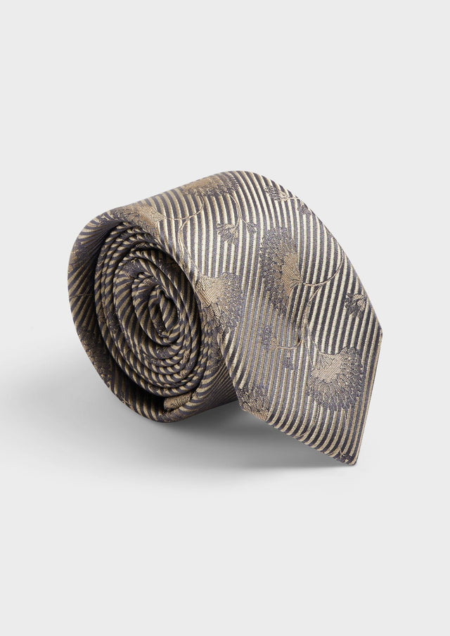Cravate large en soie mélangée bleu marine à motif fleuri taupe