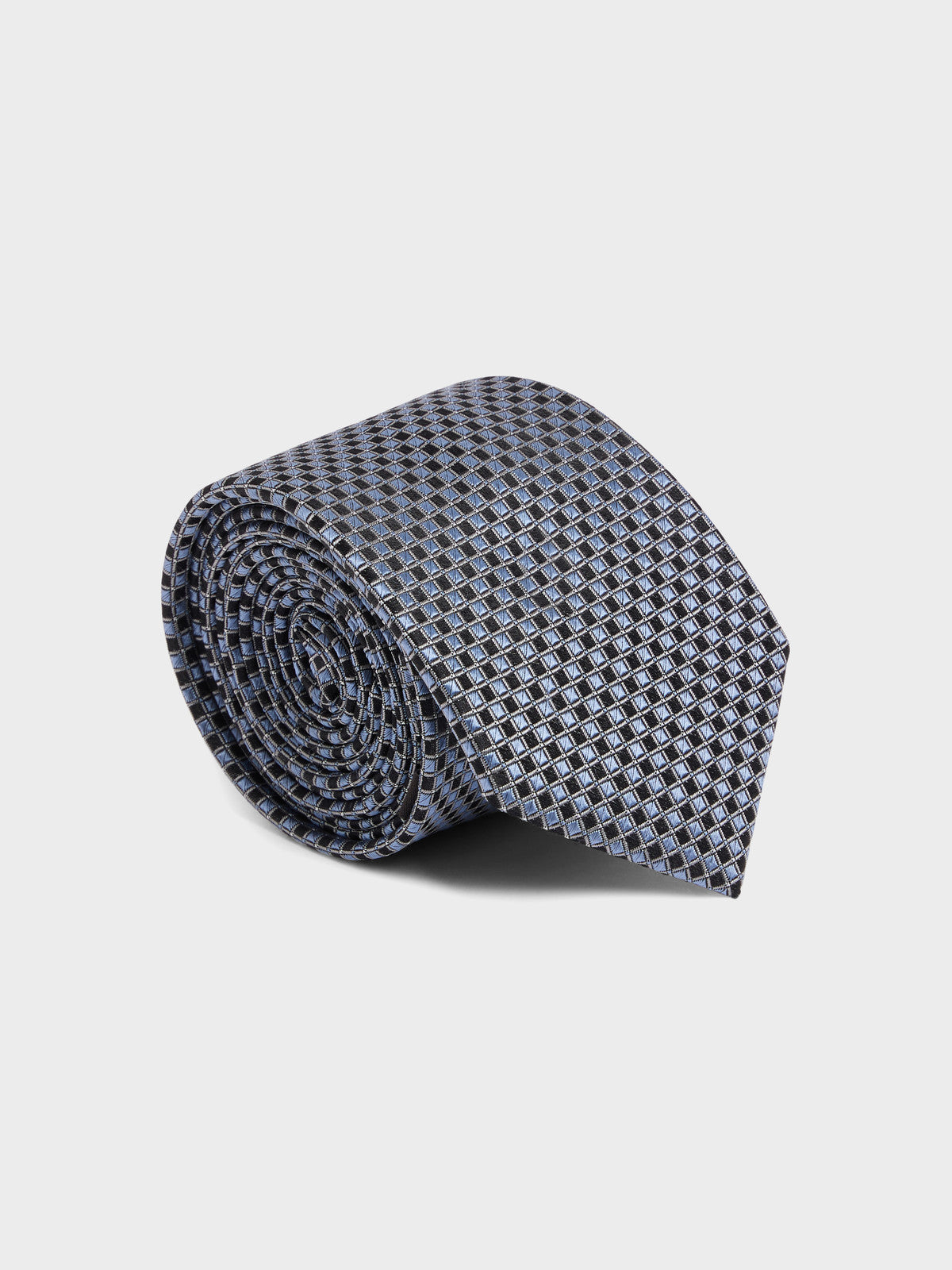 Cravate Large En Soie Bleu Azur Carreaux Noirs