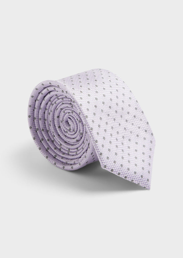 Cravate large en soie lilas à pois noirs