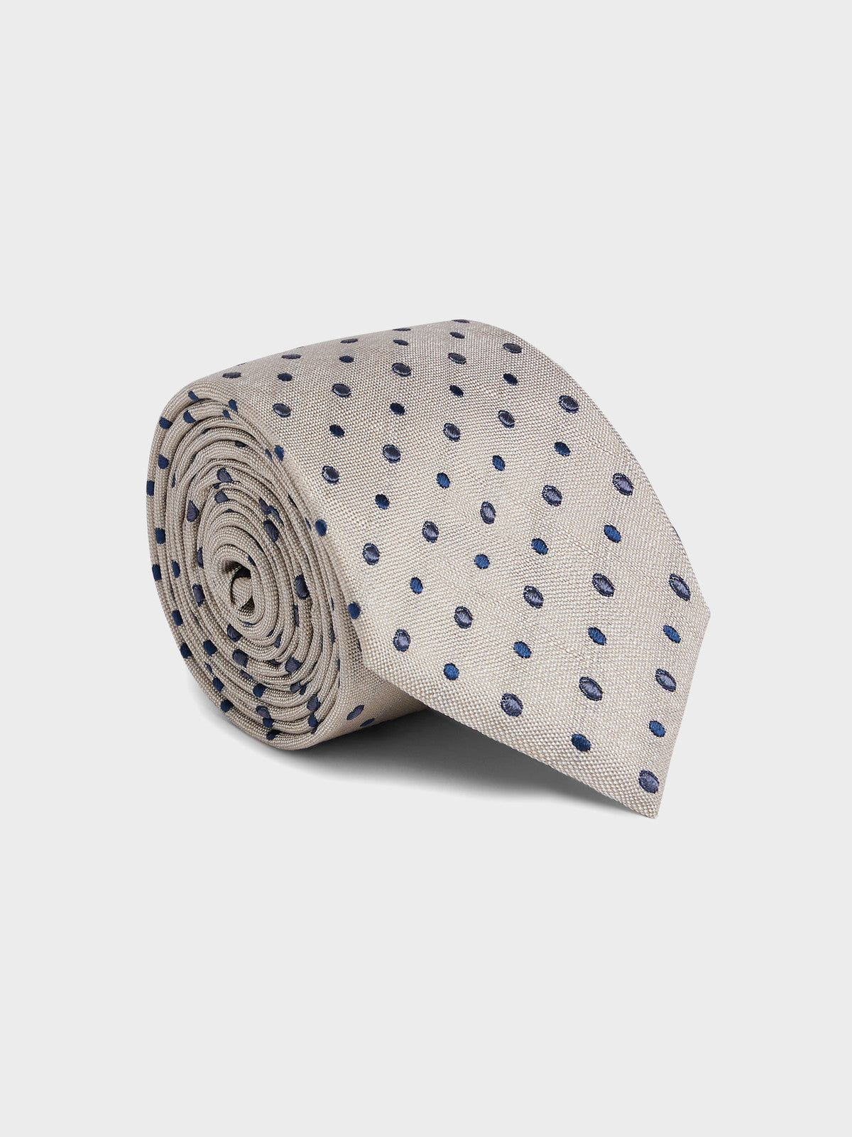 Cravate Large En Soie Beige Pois Bleus