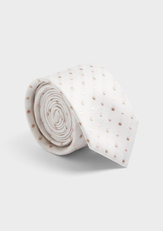 Cravate large en soie écrue à pois rose et beige