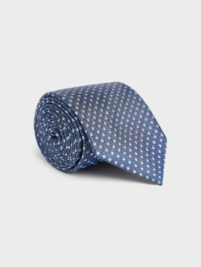 Cravate large en soie bleu chambray à pois