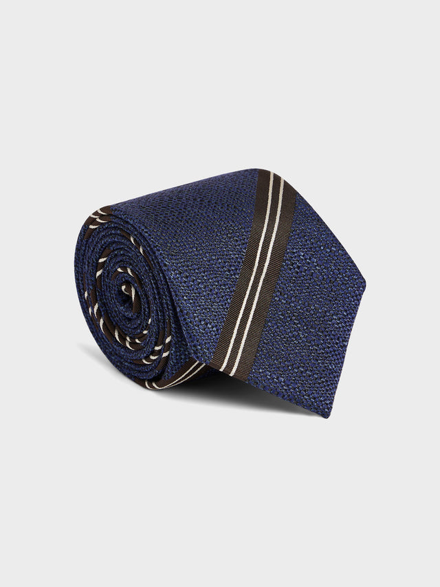 Cravate large en coton et soie bleu indigo à rayures marron