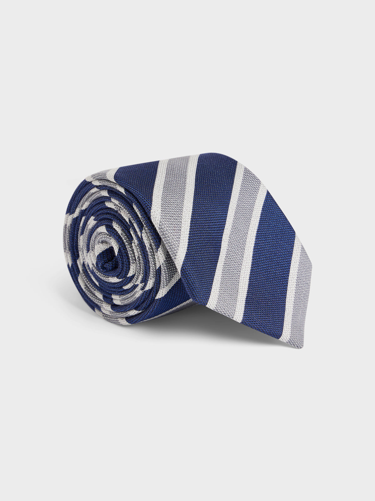 Cravate Large En Coton Et Soie Bleu Marine Rayures Grises