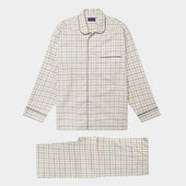 Cream, Navy & Blue Check Brushed Cotton Pyjamas With Navy Piping