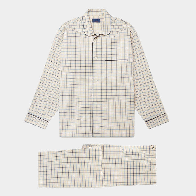 Cream, Navy & Blue Check Brushed Cotton Pyjamas With Navy Piping