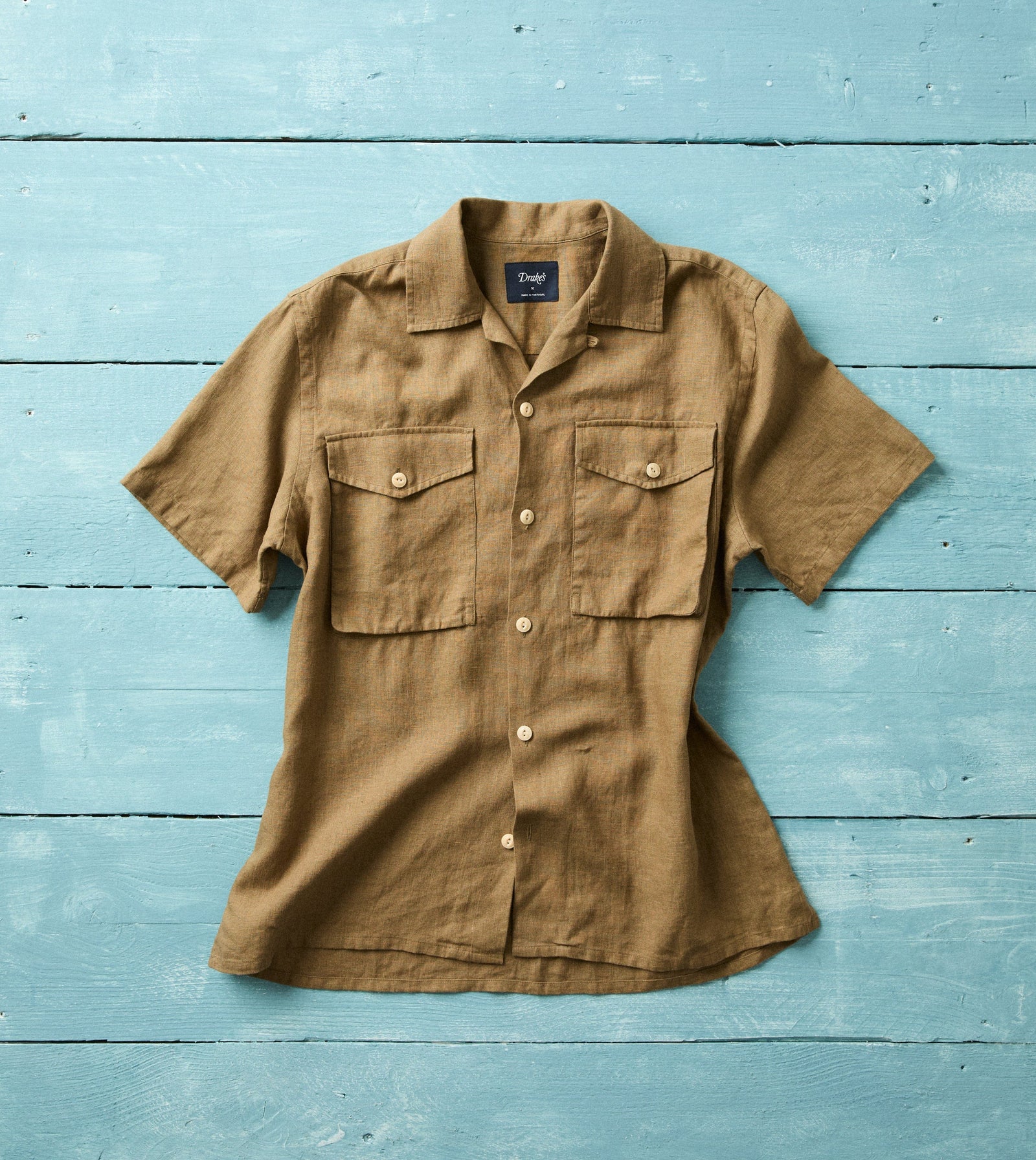 Linen Short Sleeve Camp Collar Military Shirt