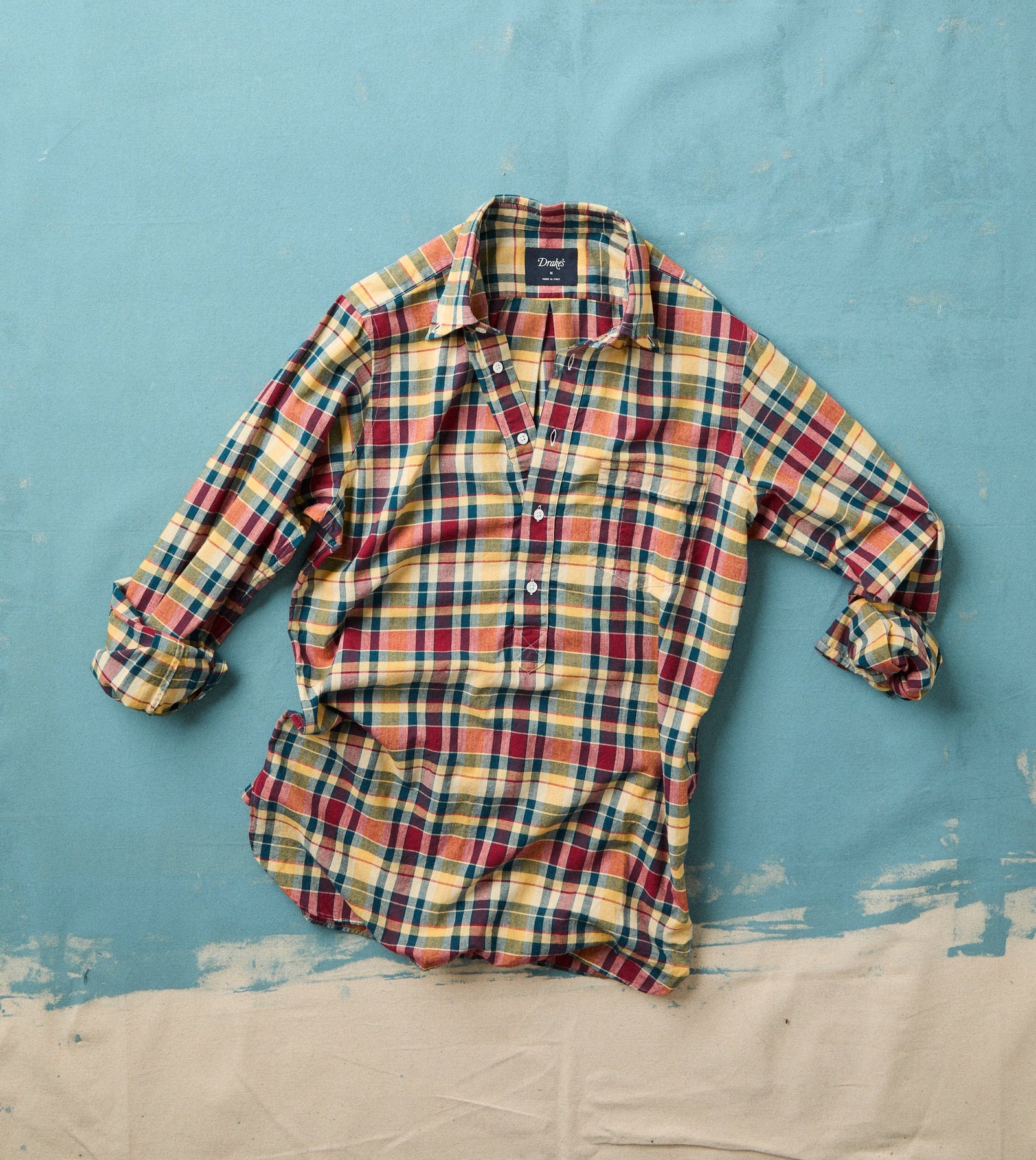 Yellow And Red Madras Check Cotton Button Down Popover Shirt