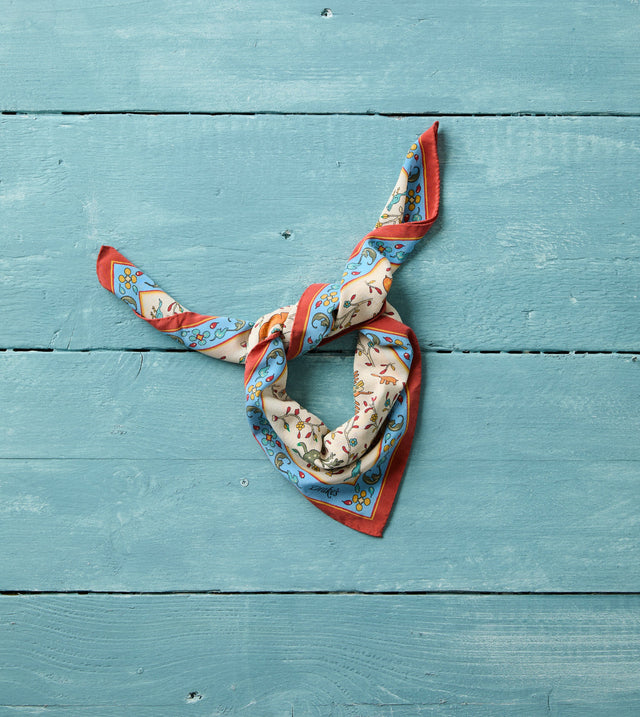 Ecru Animals and Flowers Print Silk Bandana