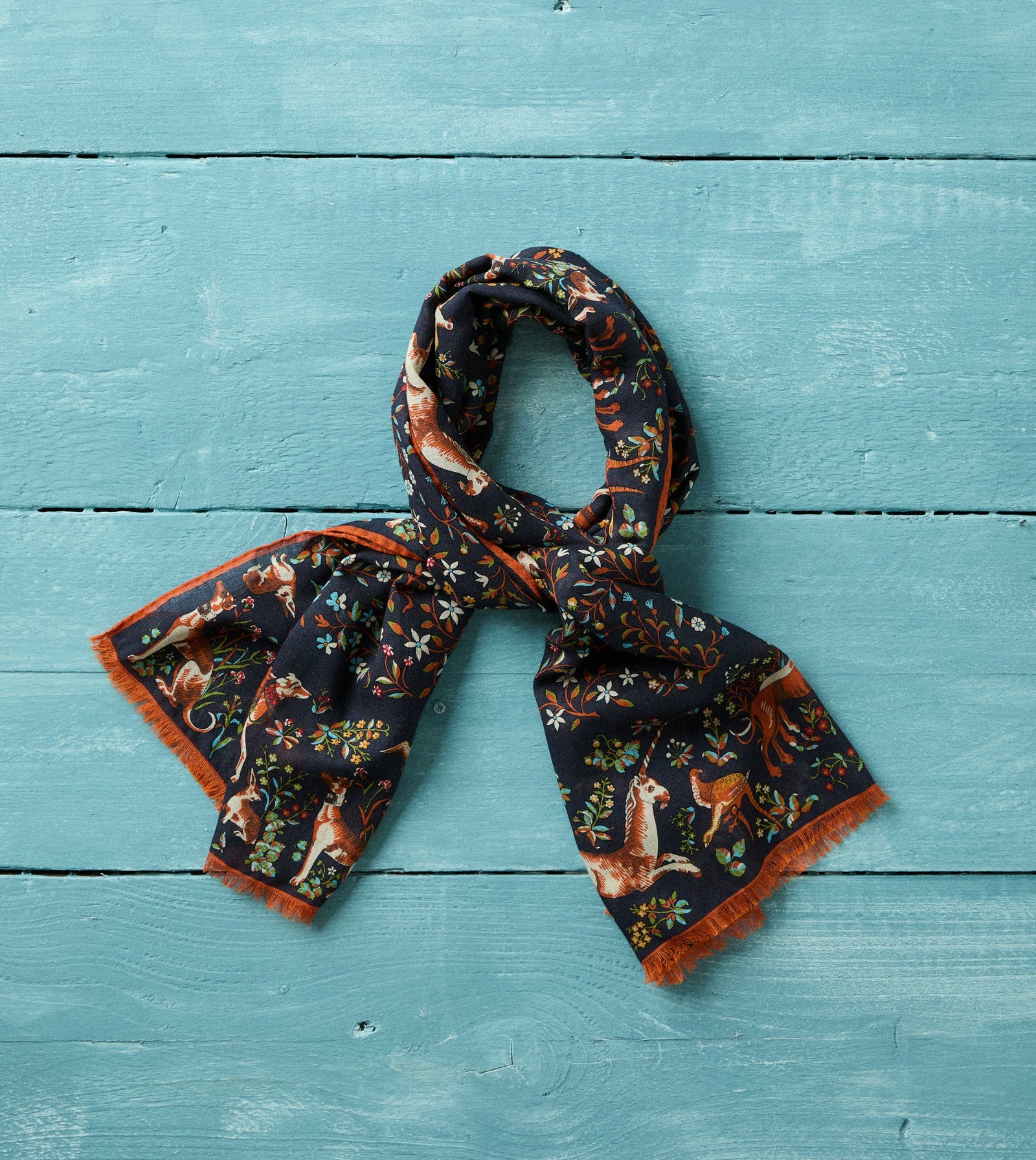 Unicorn Garden Print Tubular Wool Silk Scarf