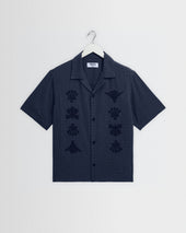 Curzon - Navy Grid Applique Short-Sleeve Shirt