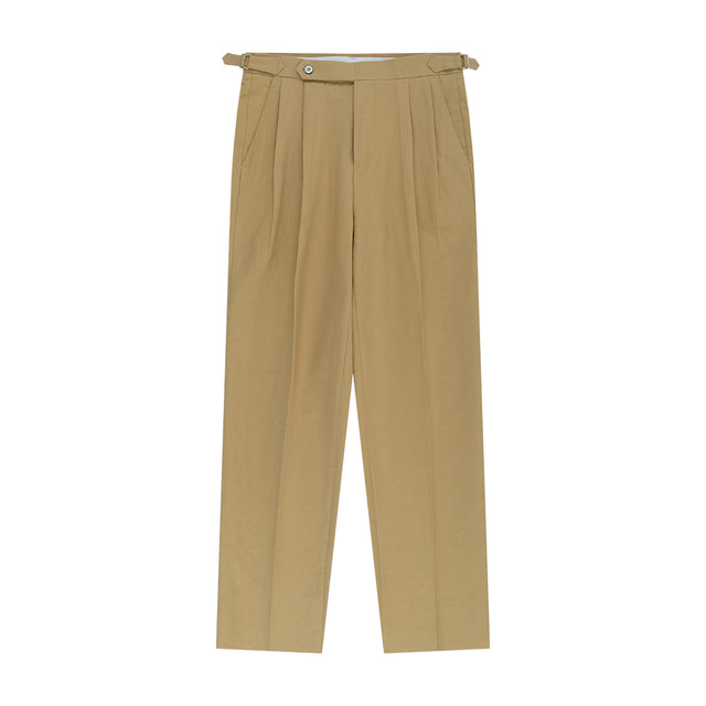 Linen / Cotton Double Pleats relaxed Chino Pants (Beige)