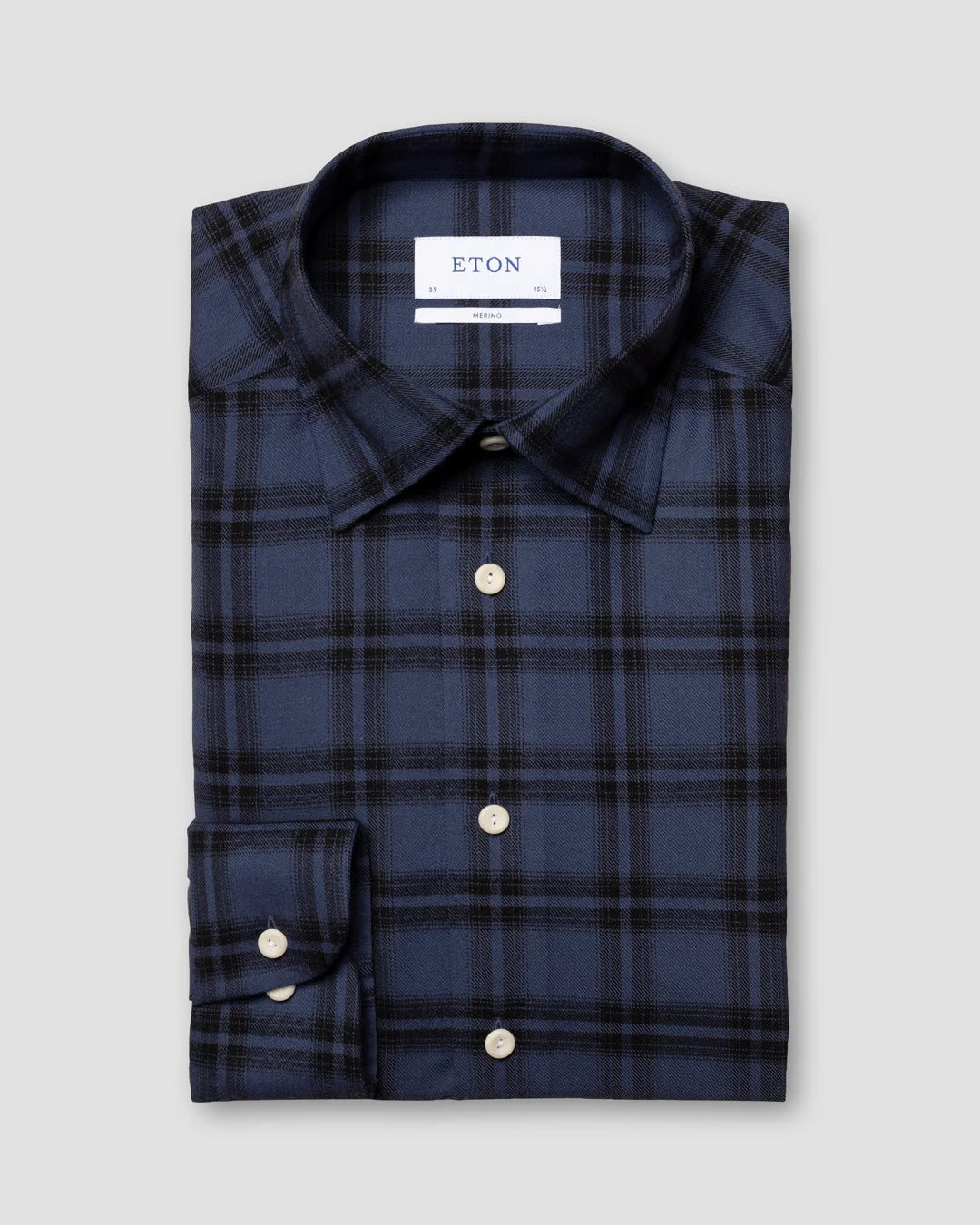 Dark Blue Checked Brushed Merino Wool Shirt Eton