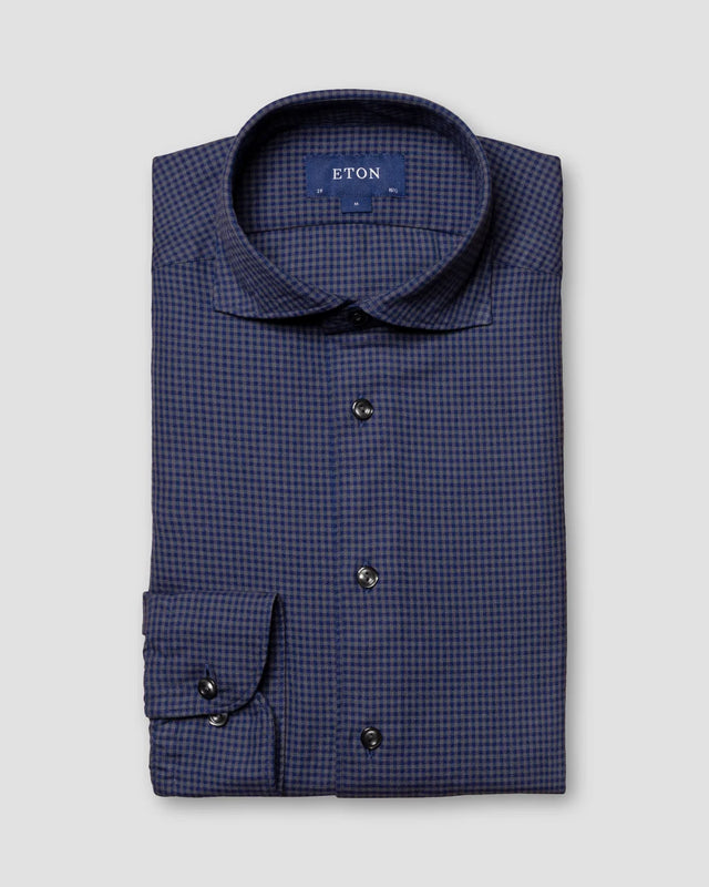 Dunkelblau kariertes Flanellhemd aus Baumwoll-Tencel™-Gemisch - Eton