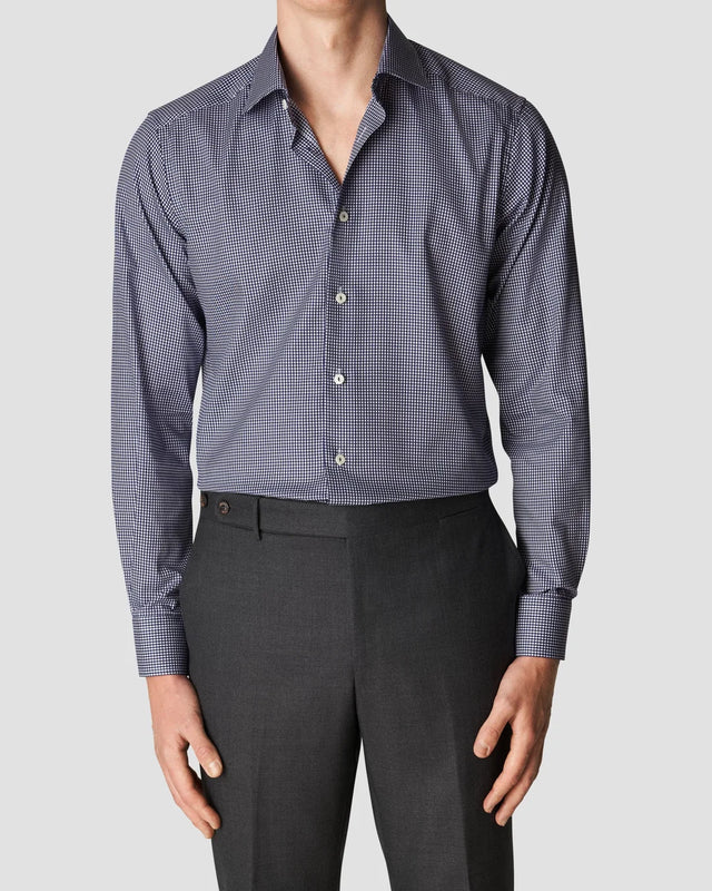 Navy Blue Two-Color Check Fine Twill Shirt - Eton