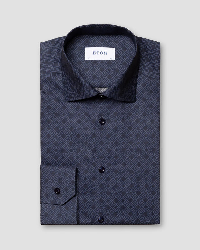 Navy Fine-Twill-Hemd mit Doppelmonogramm-Print - Eton