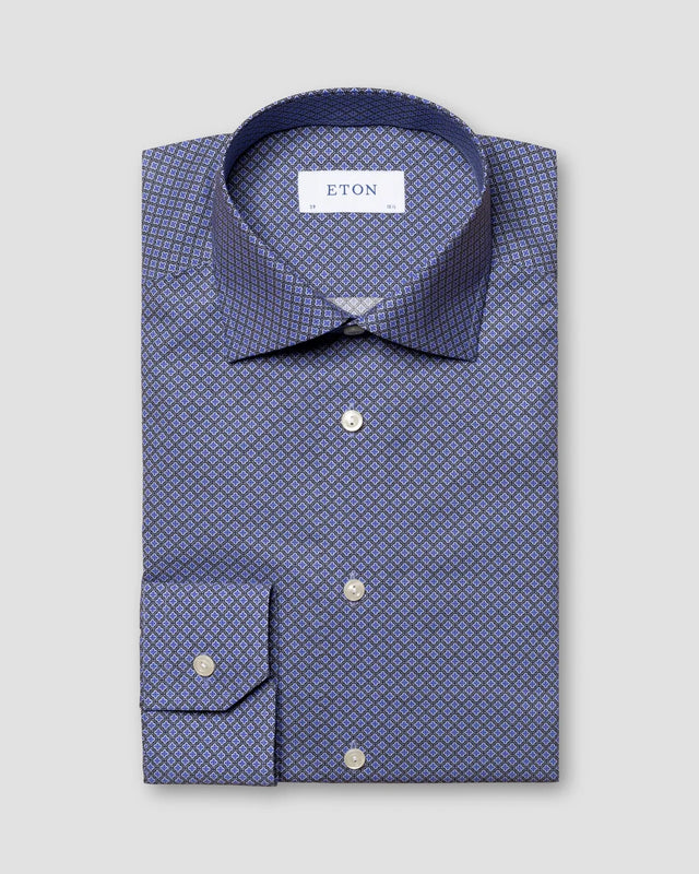 Dunkelblaues Hemd aus feinem Twill mit geometrischem Print - Eton