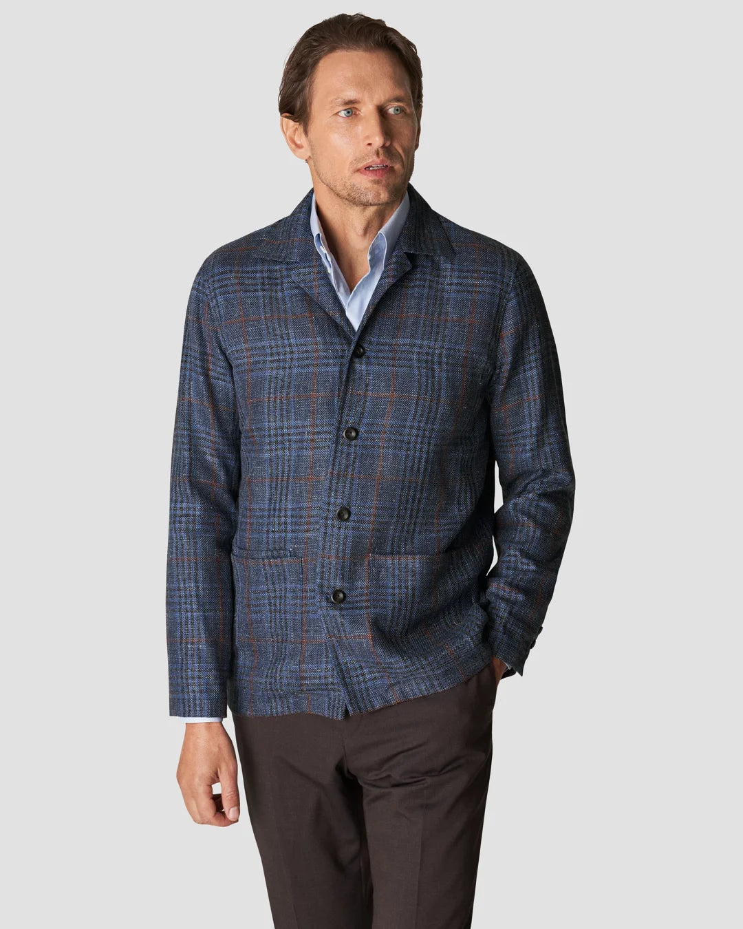 Checked Wool Silk Linen Hopsack Overshirt Eton