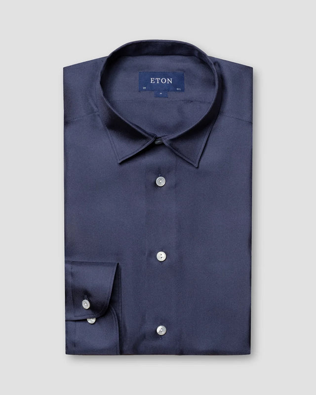 Dunkelblaues Hemd aus Seiden-Twill - Eton