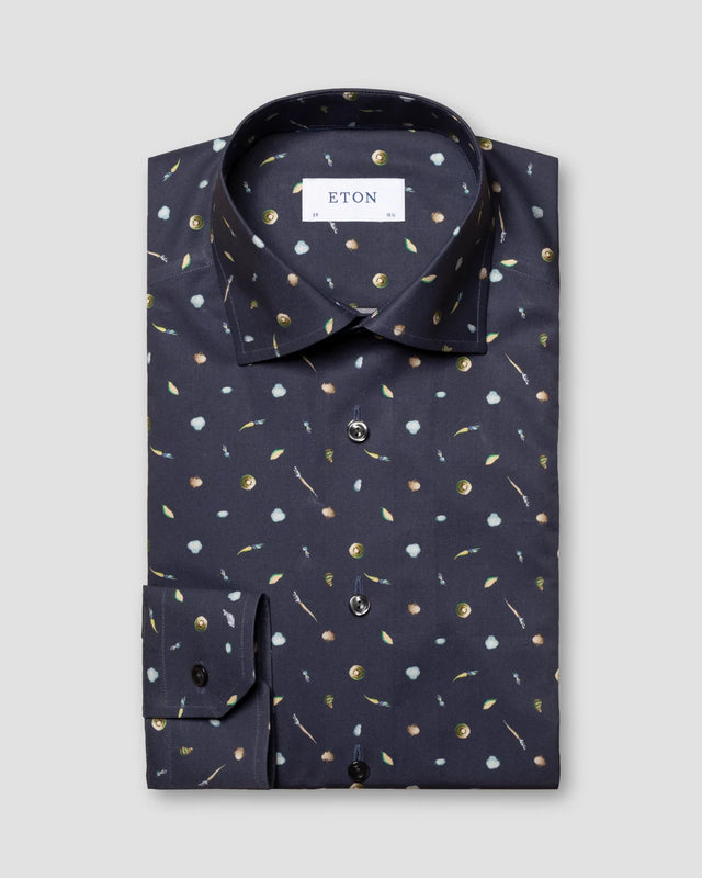Dunkelblaues Hemd aus feinem Twill mit Gemüse-Print - Eton