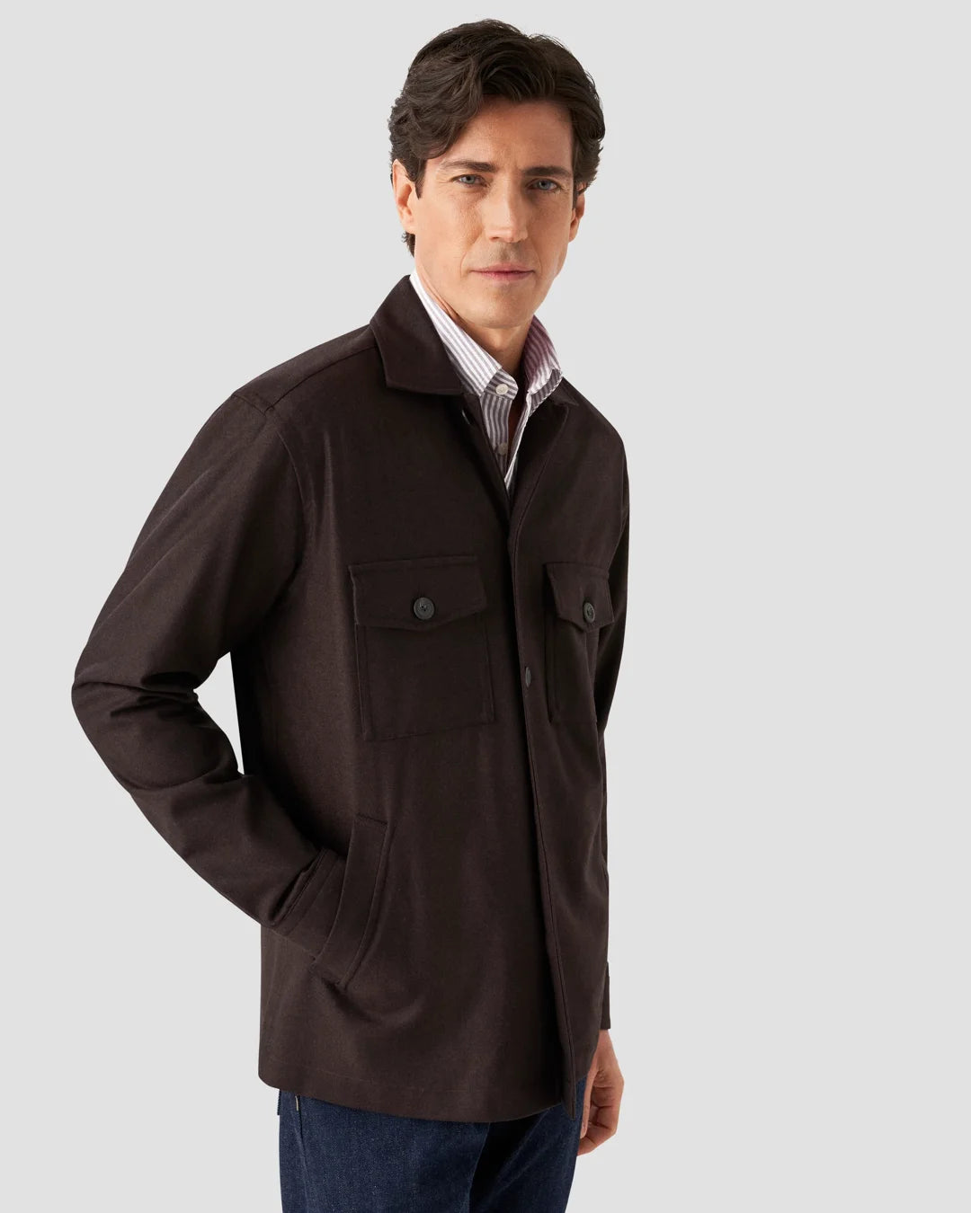 Dark Brown Herringbone Wool Cashmere Flannel Overshirt Eton