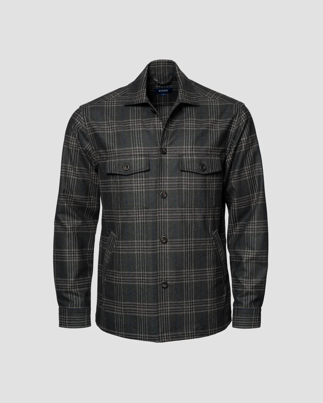 Dark Green Checked Wool Cashmere Flannel Overshirt Eton