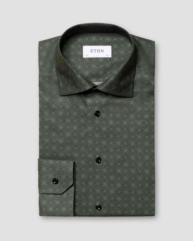 Dunkelgrünes Fine-Twill-Hemd mit Doppelmonogramm-Print - Eton