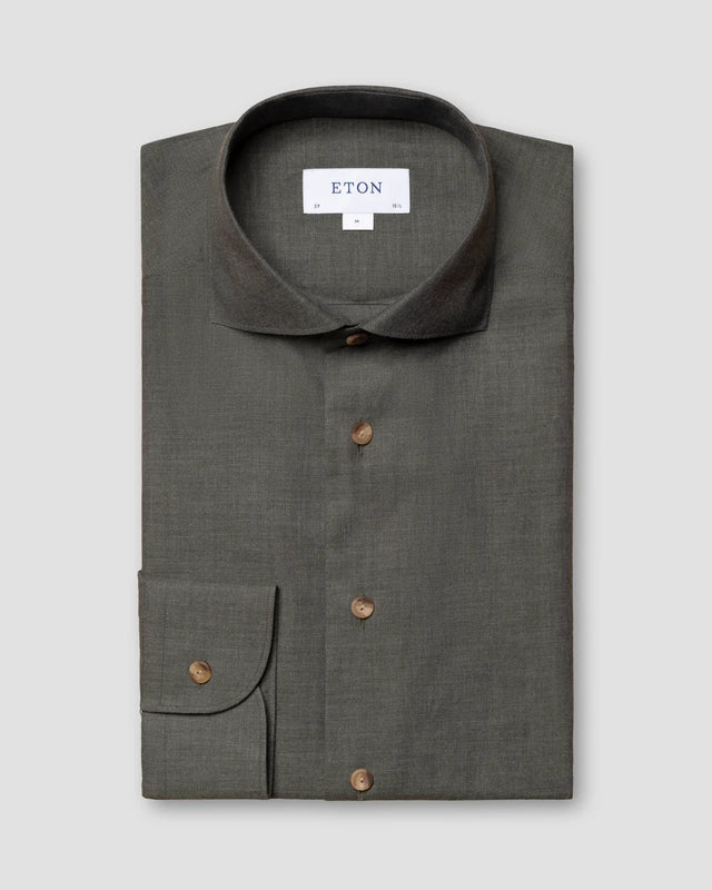 Dunkelgrünes Hemd aus bügelfreiem Herringbone-Flanell - Eton