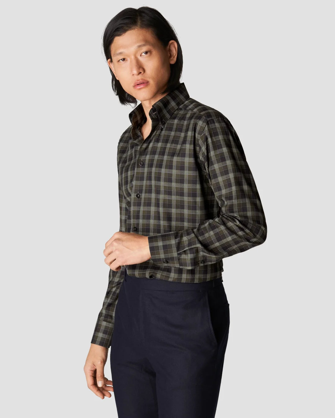 Dark Green Checked Wrinkle Free Flannel Shirt Eton