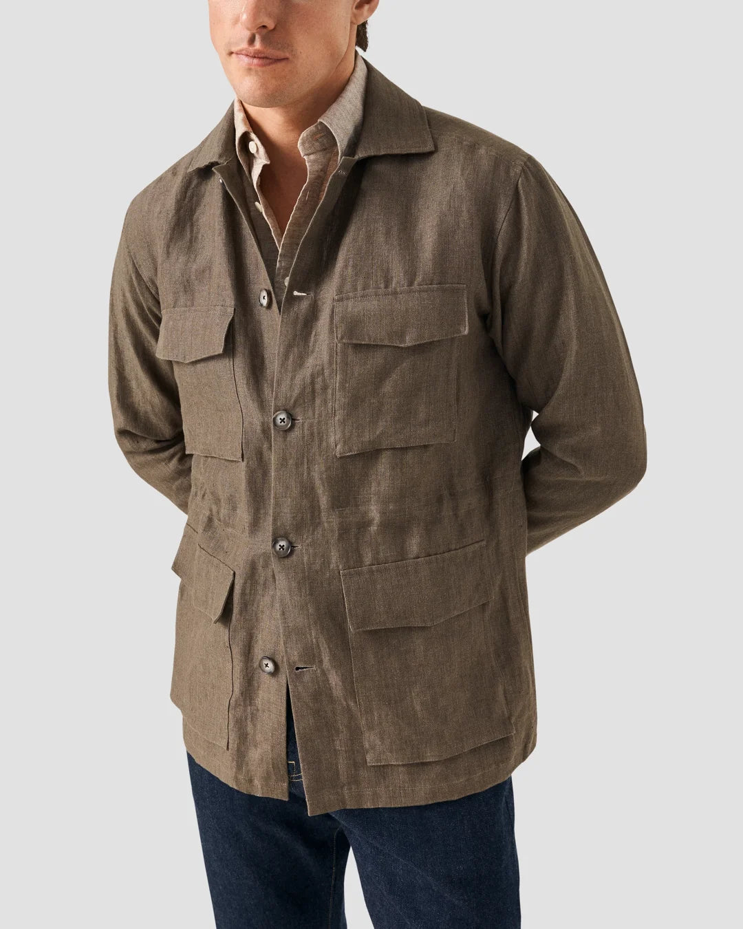 Dark Green Heavy Linen Drawstring Overshirt Eton