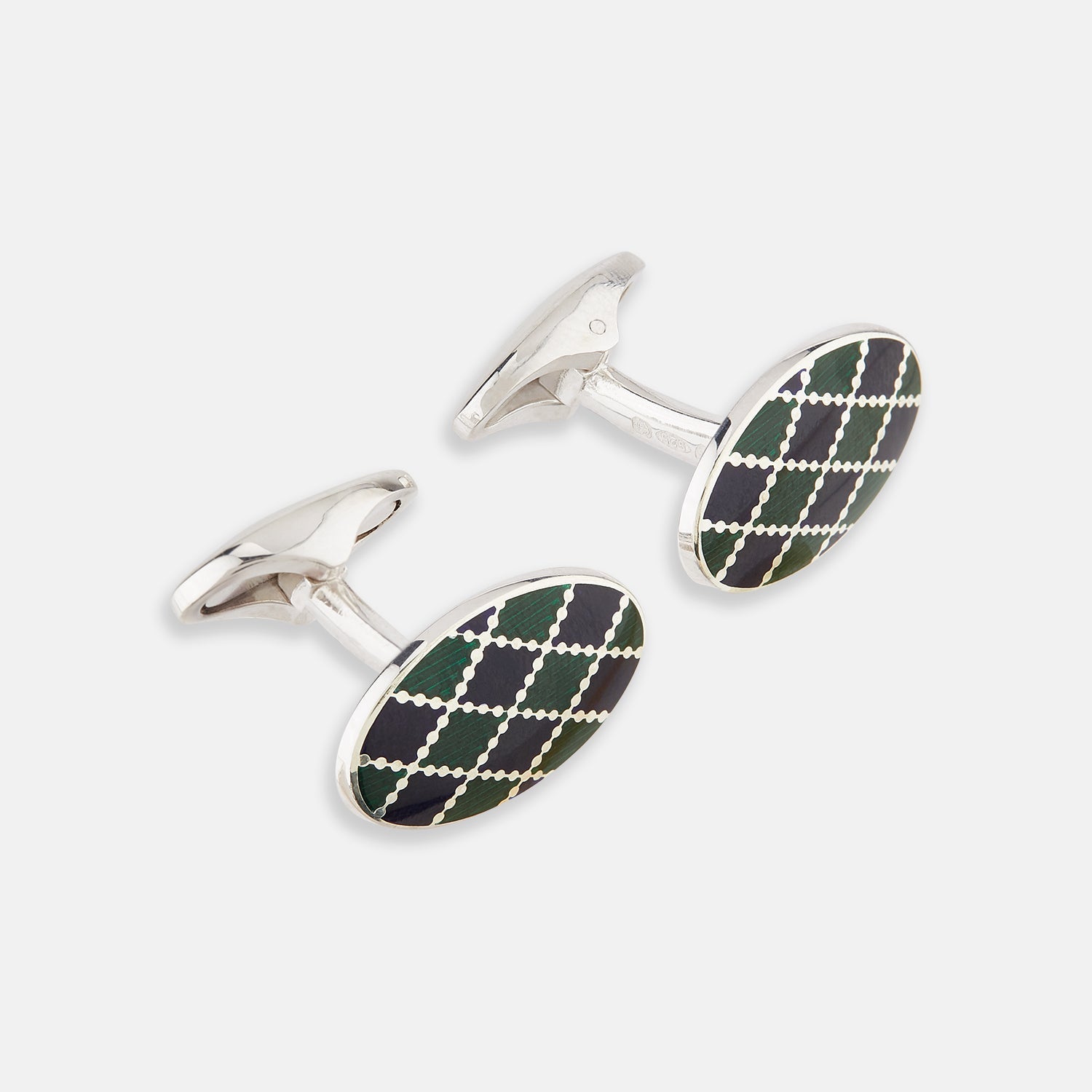 Green And Navy Checkered Oval Enamel Cufflinks