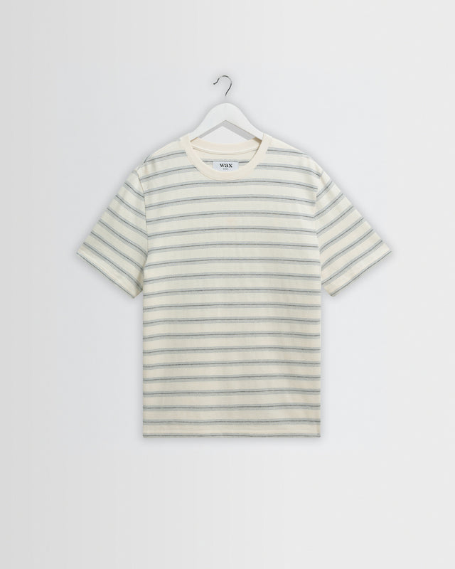 Dean - Ecru And Blue Stitch Stripe Organic Cotton T-Shirt