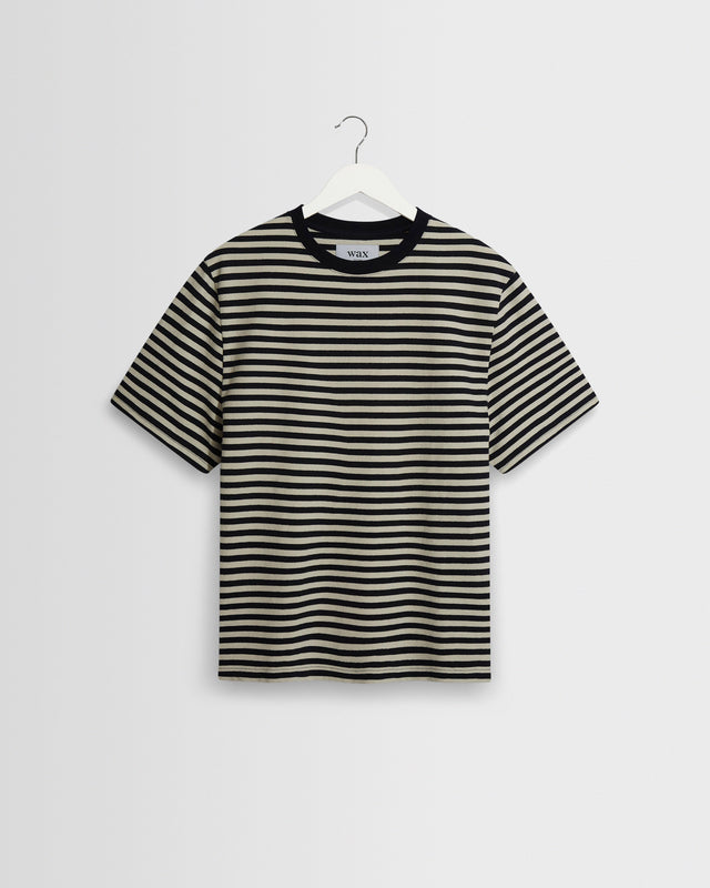 Dean - Navy/Ecru Striped Textured Organic Cotton T-Shirt