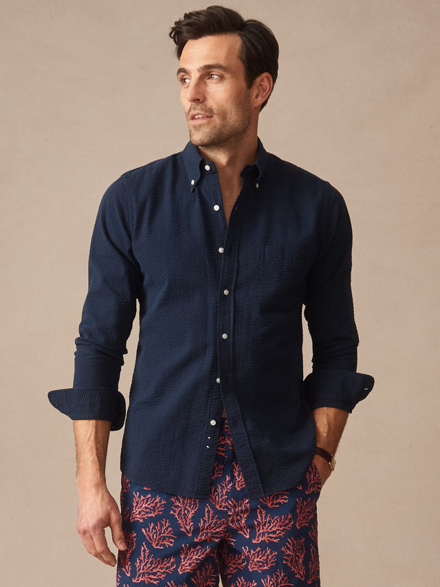 Navy Solid Belvedere Cotton Seersucker Shirt | Men's Shirts | J.McLaughlin