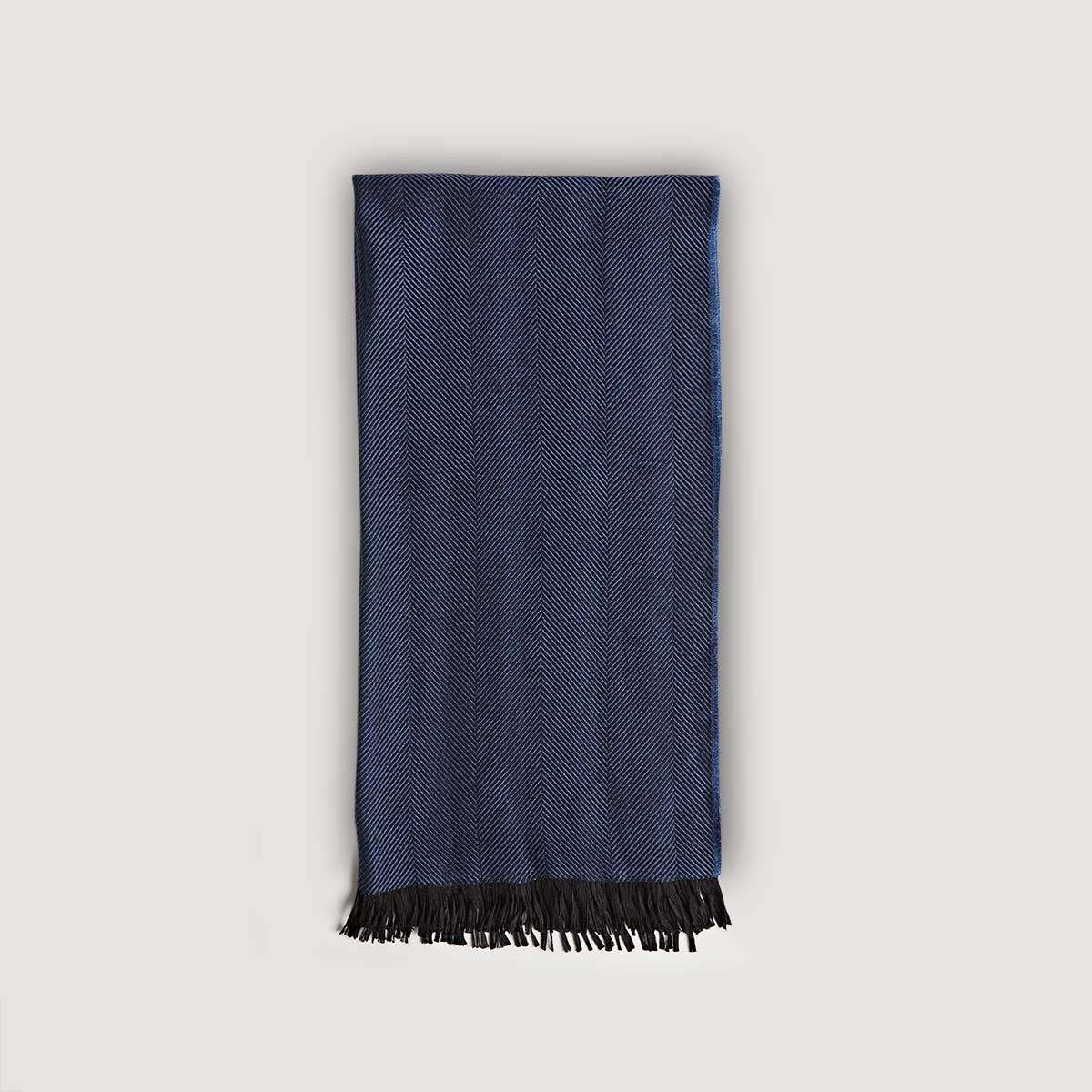 Deep Blue Herringbone Silk Cashmere Scarf