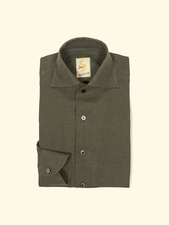 Deep Olive One-Piece Collar Linen Shirt — The Anthology