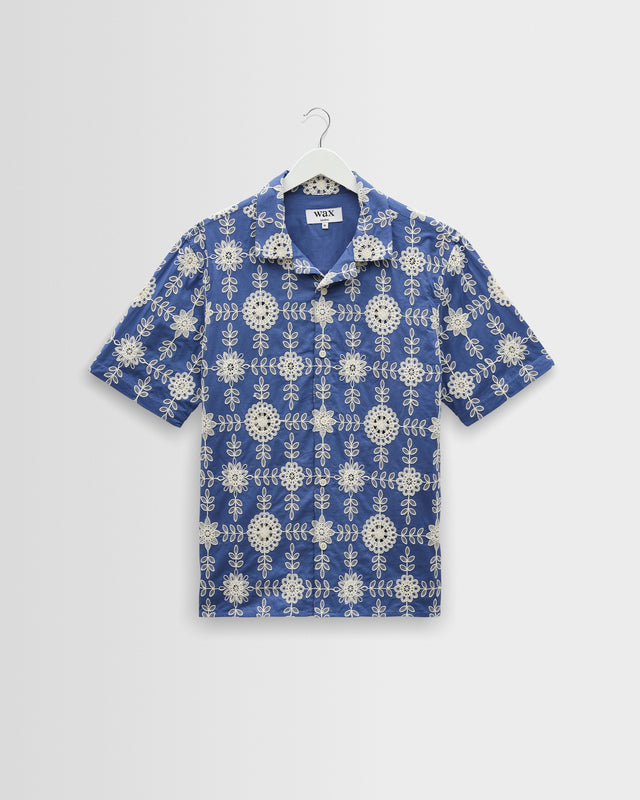 Didcot - Blue And Ecru Corded Lace Short-Sleeve Shirt