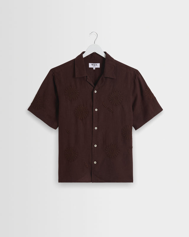Didcot - Brown Flower Embroidered Short-Sleeve Shirt