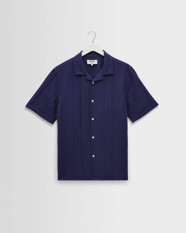 Didcot - Dark Blue Double-Weave Seersucker Short-Sleeve Shirt