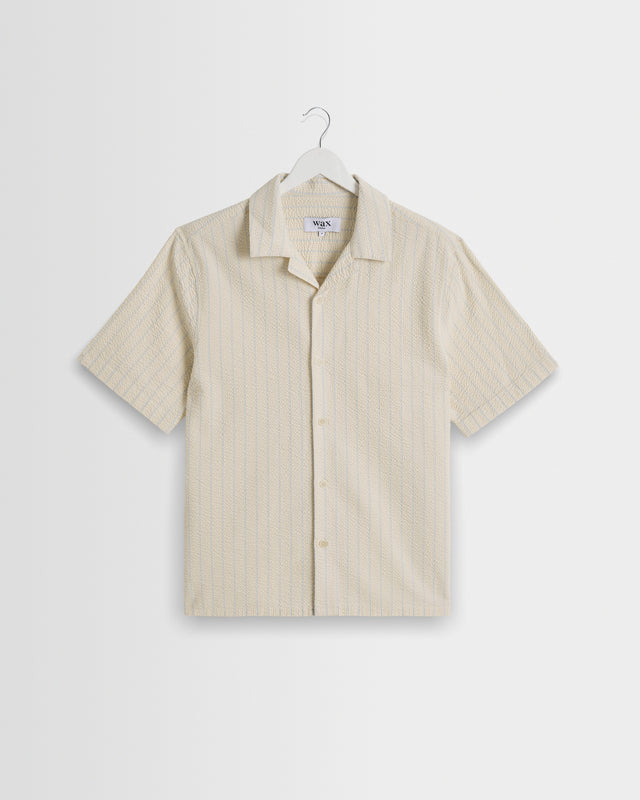 Didcot - Ecru And Blue Seersucker Stripe Short-Sleeve Shirt