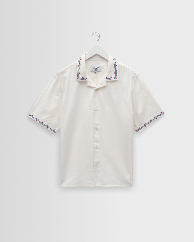 Didcot - Ecru Cross-Stitch Border Short-Sleeve Shirt