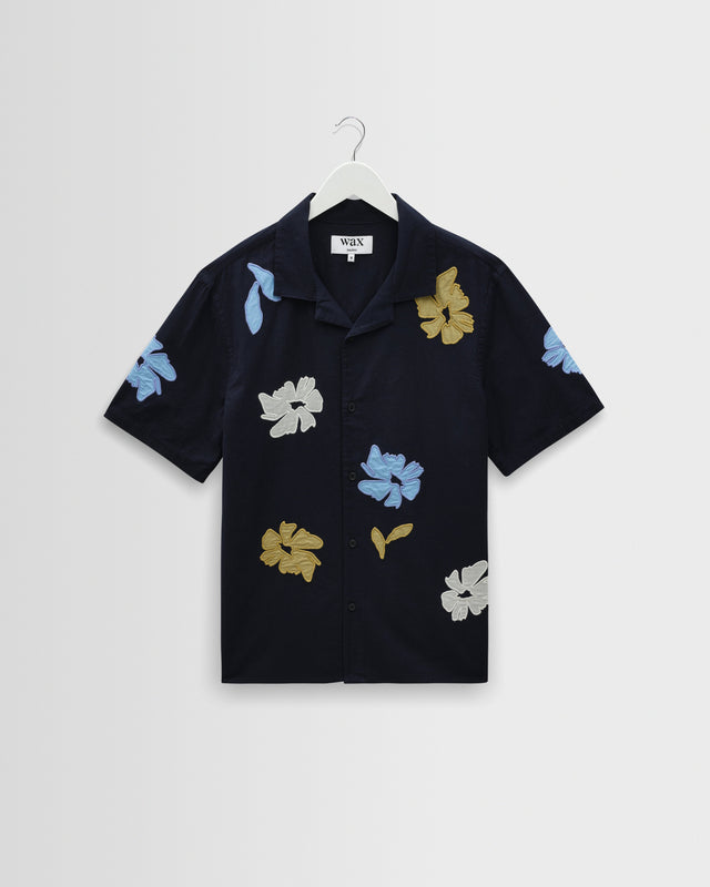 Didcot - Navy And Multicolour Floral Applique Short-Sleeve Shirt