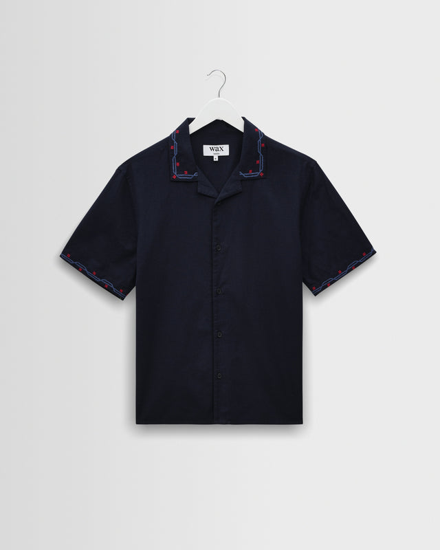 Didcot - Navy Cross-Stitch Border Short-Sleeve Shirt
