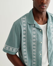 Didcot Sea Green And Ecru Embroidered Short Sleeve Shirt