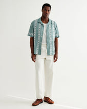 Didcot Sea Green And Ecru Embroidered Short Sleeve Shirt