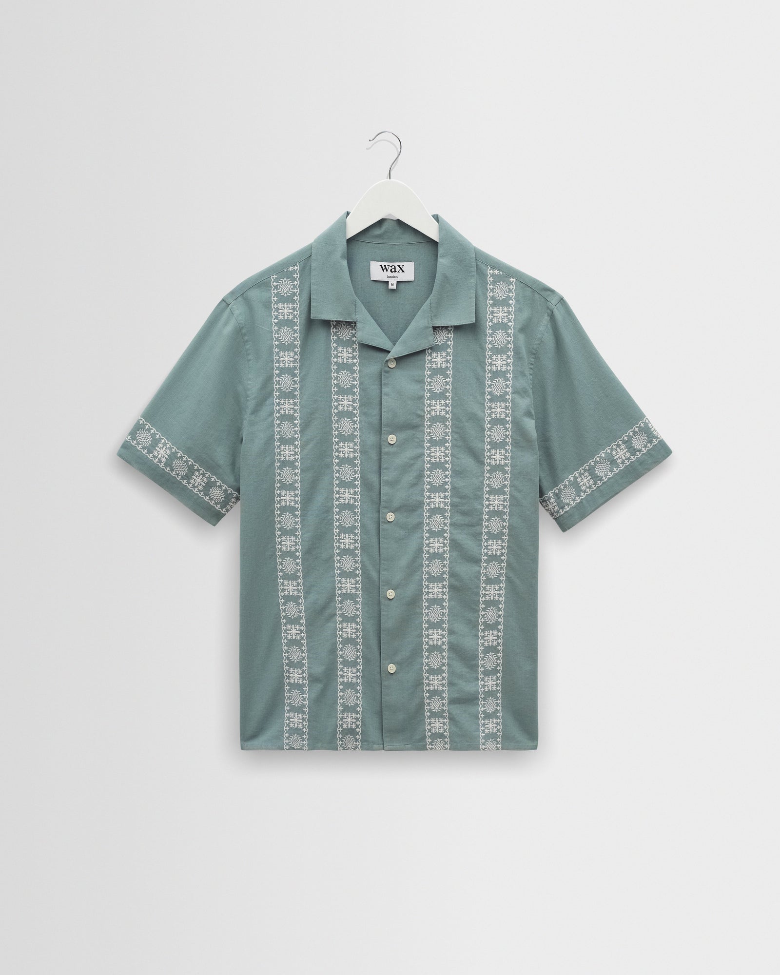 Didcot Sea Green And Ecru Embroidered Short Sleeve Shirt