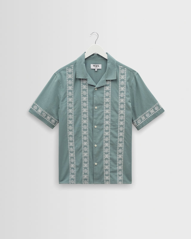 Didcot - Sea Green And Ecru Embroidered Short-Sleeve Shirt