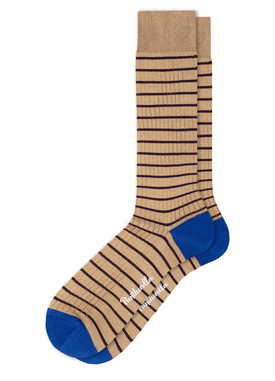 DOWNE | 5x1 Rib Fine Stripe Contrast Socks | Sand/Navy