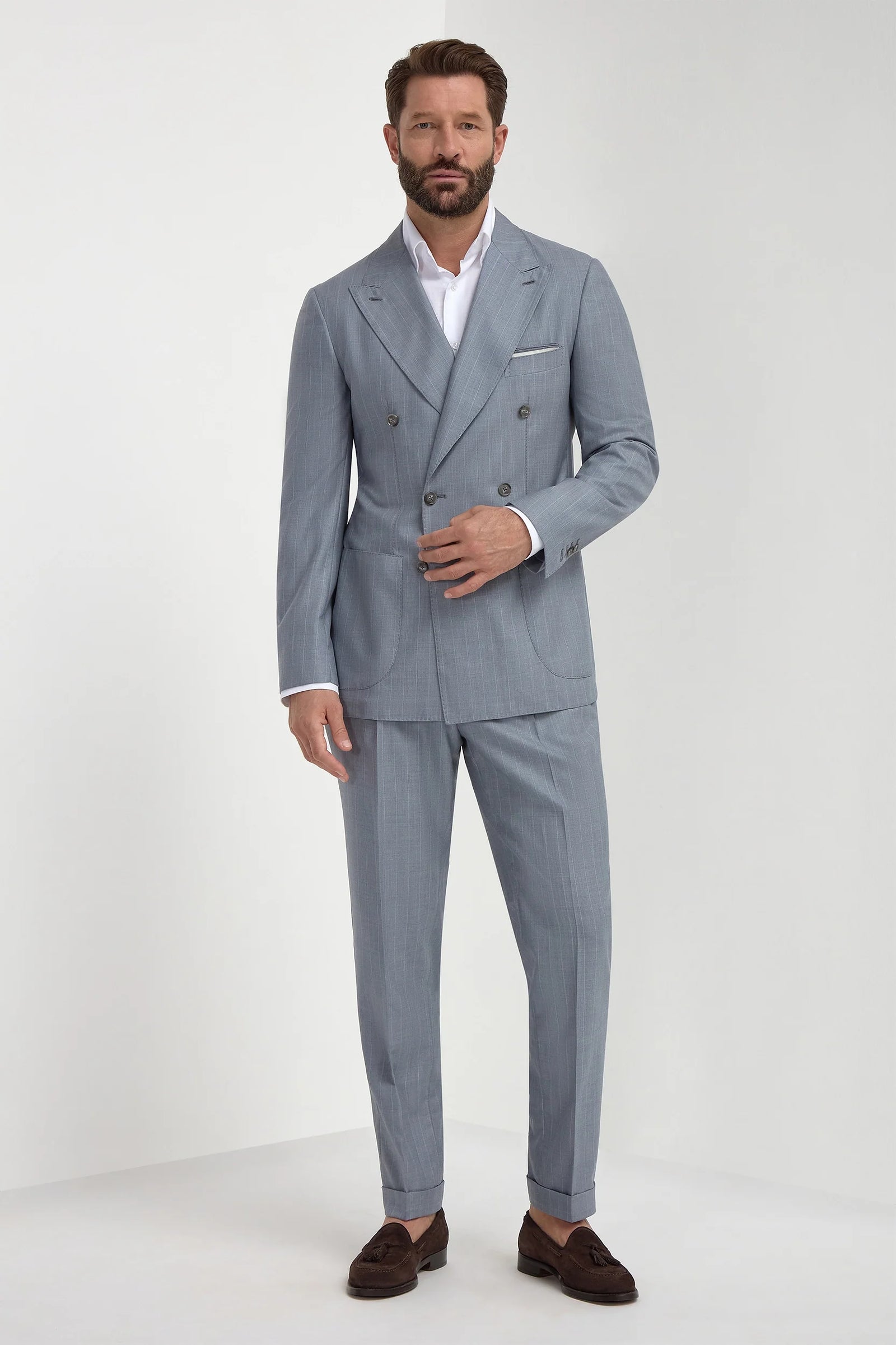 Dusty Blue Pinstripe Double Breasted Super 150 S Suit Made In Italy