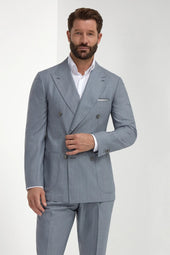 Dusty Blue Pinstripe Double Breasted Super 150 S Suit Made In Italy